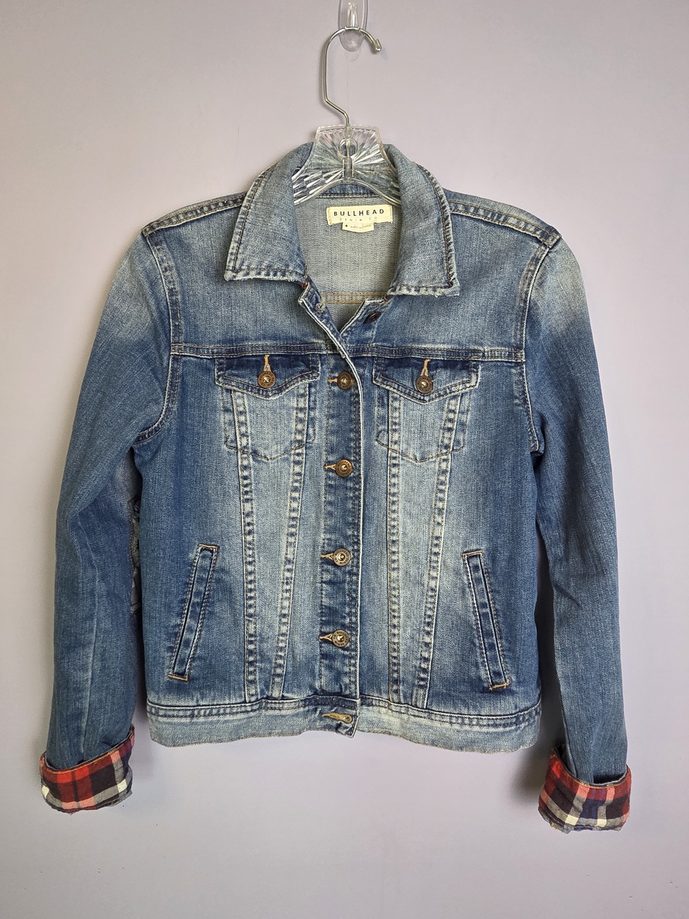 Bullhead Trucker Jean Jacket Women's Small Blue Denim Plaid Trim Retro PacSun